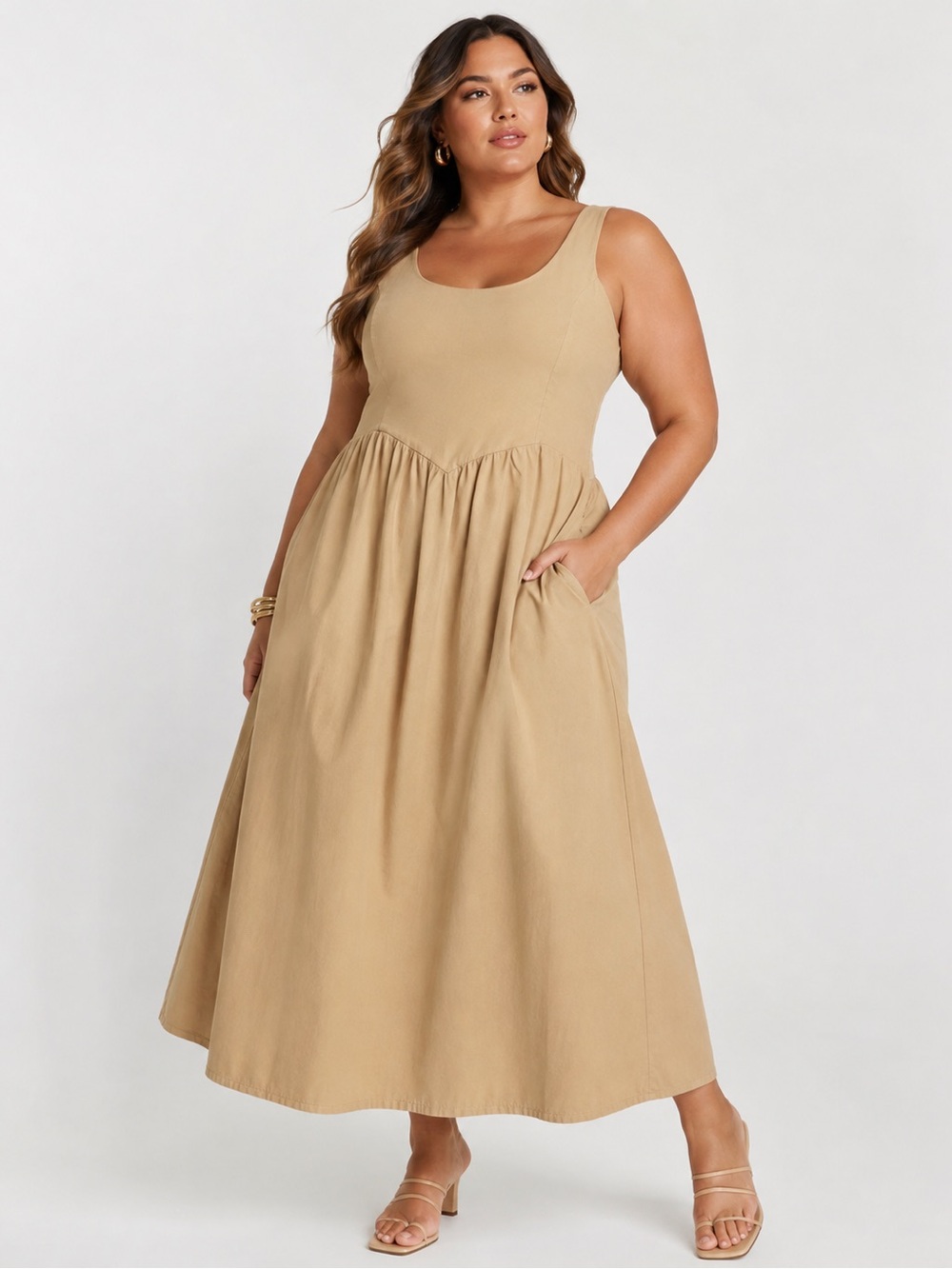 Nation Los‎ Angeles Fiona Sleeveless Tan Midi Dress with Scoop Neck XXL